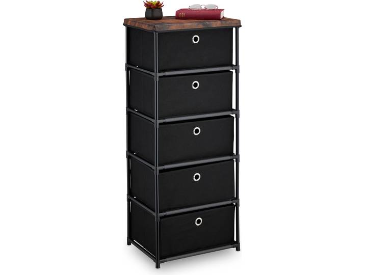 Relaxdays Kommode, 5 Stoffschubladen, Metall, Holzoptik, 105x43x33 cm, Wohnzimmer, Flur, Beistellkommode, schwarz/braun