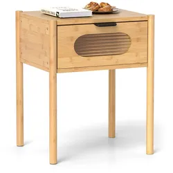 COSTWAY Nachttisch Bambus, mit Schublade & Glasplatte, 40x40x50,5 cm