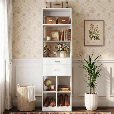 Rackcog Muldo 80'' Tall Open Cubby Bookcase with 2 Wood Drawers, Display Bookshelves Storage Cabinet - 18.9''