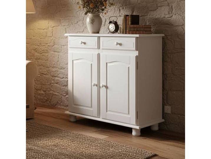 Dmora Sideboard mit 2 Türen und 2 Schubladen aus weiß wasserlackierter massiver Kiefer