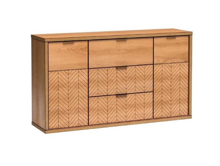Beautysofa Kommode FUN F-3 mit drei Schubladen, 2 Türen, Metallfüße optiona, Fischgrätfront und schwarzen Griffen