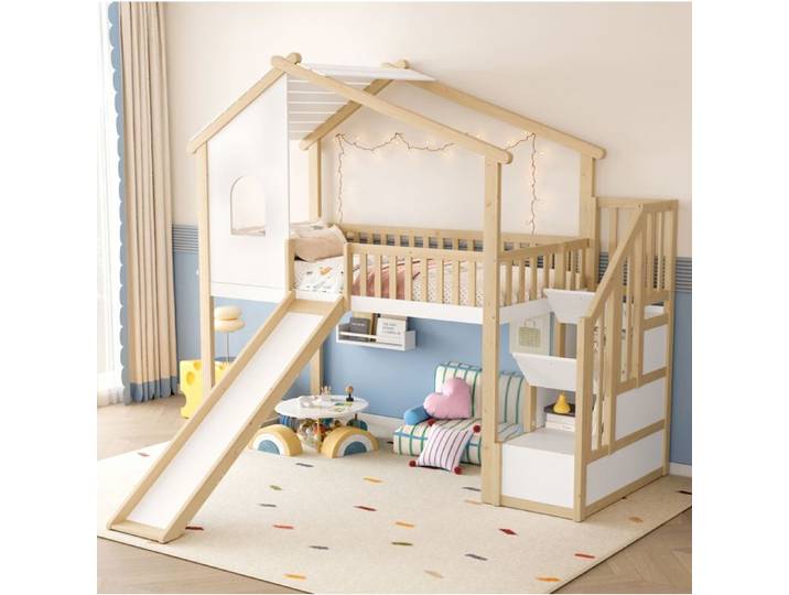 VUENOR Lit mezzanine enfant 90x200 cm blanc et naturel – toboggan sans matelas