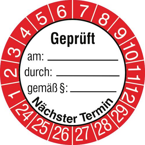 SafetyMarking 30.3697.24-29 Prüfplakette Geprüft am / durch / gemäß § / nächster Termin 2024-2029 Weiß-Rot, Schwarz/Weiß Folie
