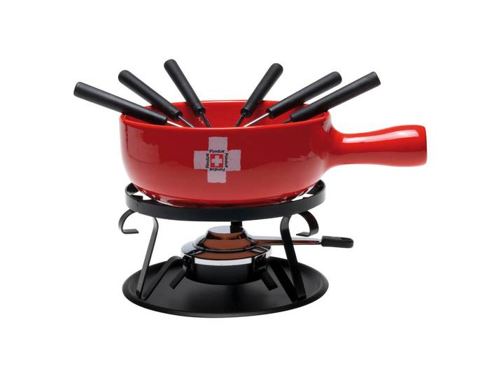Nouvel Fondueset, Rot, Metall, Keramik, 9-teilig, 31x25x21 cm, leichte Reinigung, rutschfeste Gummifüsse, Tischgrills & Fondues, Fondue-Sets