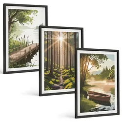 BILDER SET 3er Set - 40x60 cm Schwarzer Rahmen - Landschaft aus Wald, See und Boot
