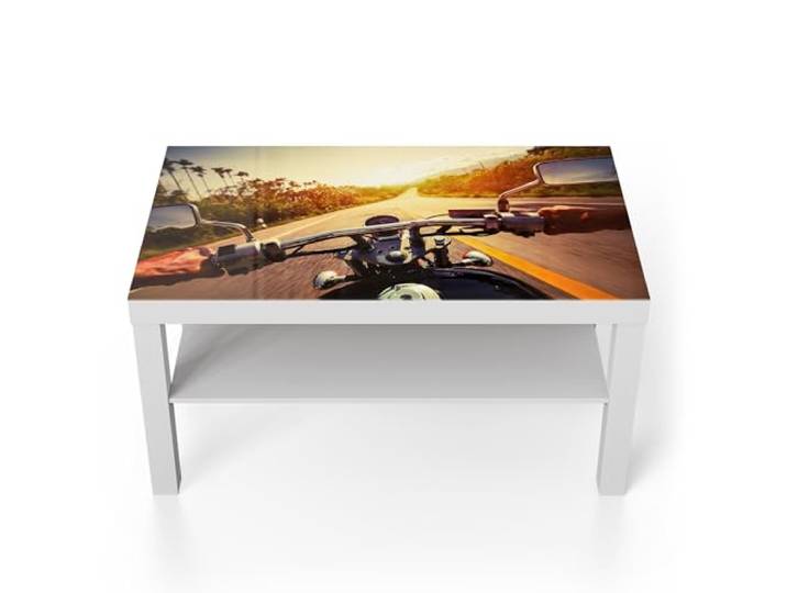 DEQORI Glastisch weiß groß 90x50 cm Motiv Abenteuer auf zwei Rädern ausgefallener Beistelltisch aus Glas Hochglanz Couchtisch fürs Wohnzimmer moderner Couch Tisch mit Design