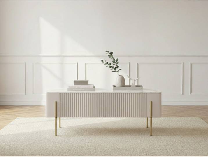 Table basse 2 tiroirs 100 cm MATHILDE plateau effet marbre et pieds or