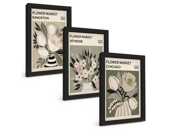 BILDER SET 3er Set - 20x30 cm Schwarzer Rahmen - Retro-Blumenarrangements