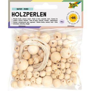 Folia Perlen 22977 Holzperlen Natur, zur Schmuckherstellung, Holz, verschiedene Formen, Größe 10-18 mm, 85 Teile