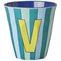 RICE Melamin Buchstabenbecher gestreift, V, blau