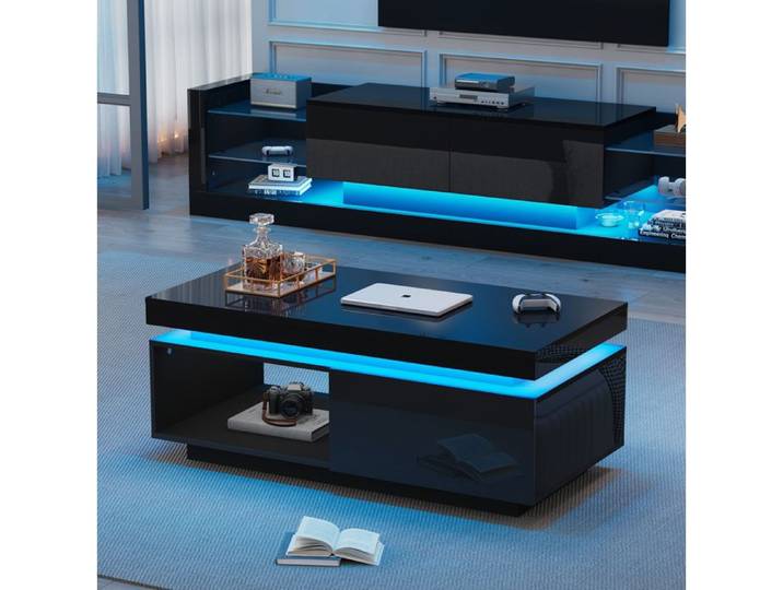 Ensemble meuble TV et table basse AESVAR noir brillant avec LED contrôle Bluetooth USB