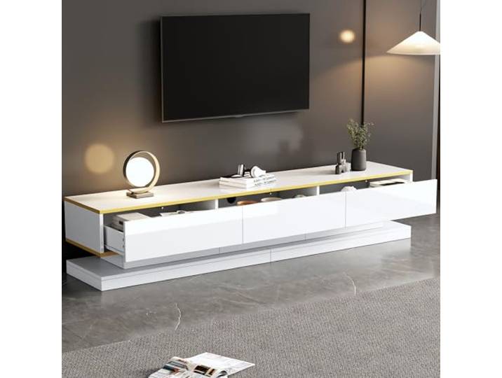 Merax TV-Schrank Weiß Hochglanz, Moderner Fernsehtisch TV Lowboard Board Schrank, Fernsehschrank mit 3 große Schubladen, TV-ständer für Fernseher bis zu 80 Zoll, TV Möbel für Wohnzimmer, 200cm