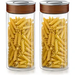 Arendo Vorratsgläser 2er Set 1300 ml Borosilikatglas, luftdicht, Klickdeckel mit Akazienholzring, Vorratsbehälter, Transparent