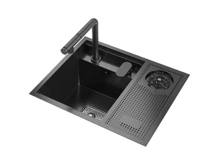 Spülbecken Schwarz Matt,55x45cm Unsichtbares küchenspüle einbauspüle waschbecken küche spülbecken edelstahl waschbecken bad Mit ausziehbarem Hebehahn und Becherwaschfunktion.