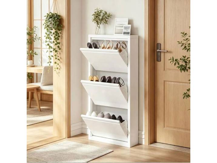 MEUBLIV Meuble à chaussures étroit en métal blanc 3 niveaux rabattables pour entrée livré monté