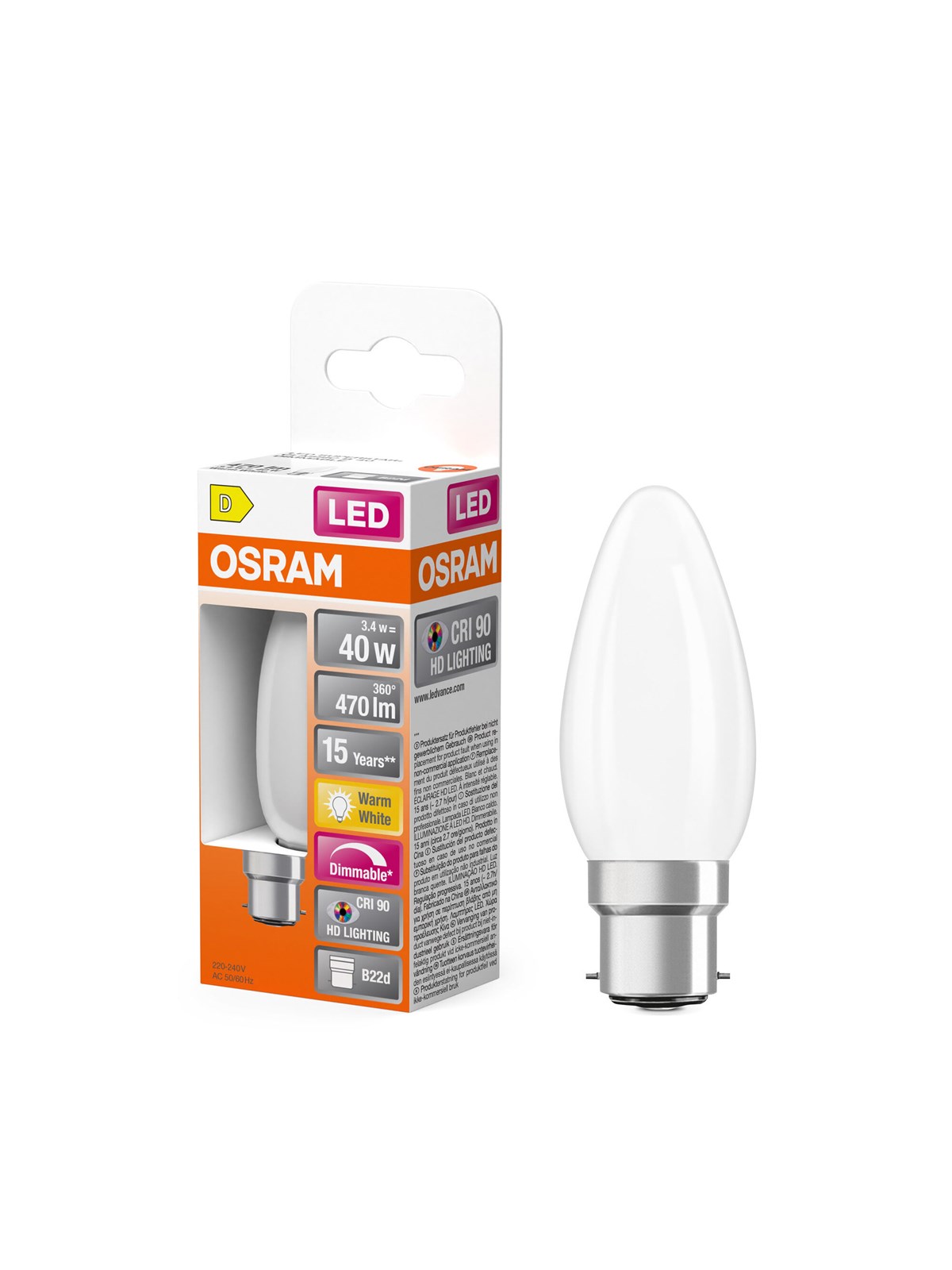 Osram LED-Lampe LED Comfort candle frosted 470lm 3.4W/927 (40W) B22d dimmable B22d