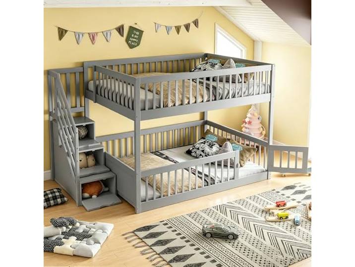 FAVSH Etagenbett 140x200 cm mit Treppe & Schubladen, Hochbett mit Stauraum & Rausfallschutz, stabiles Kinderbett & Jugendbett aus Holz, platzsparendes Funktionsbett für 2 Personen, Grau