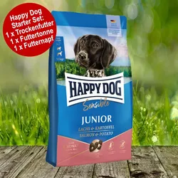 Happy Dog Sensible Junior Huhn, Lachs & Kartoffel Starter Set inkl. Futtertonne und Futternapf
