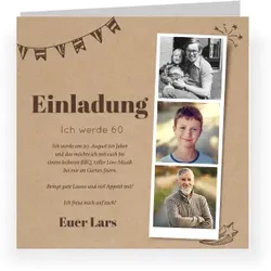 Einladungskarte 60. Geburtstag: Polaroid Trio 60 mit Fotos in Kraft Look