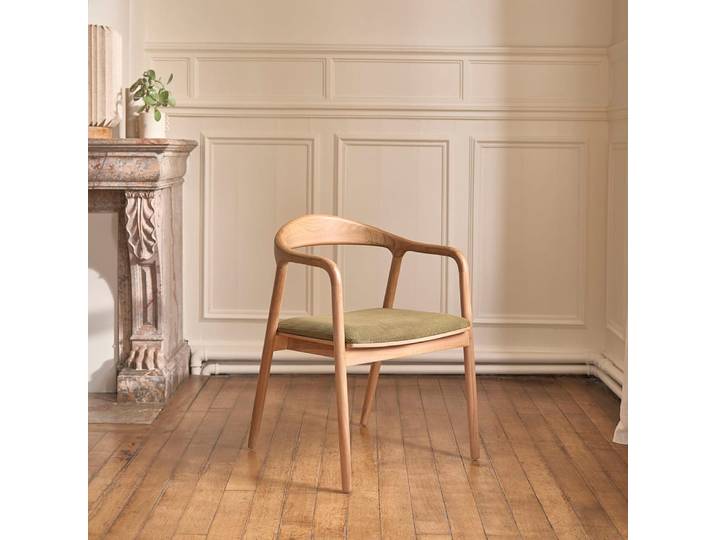 Chaise en teck massif assise velours côtelé kaki