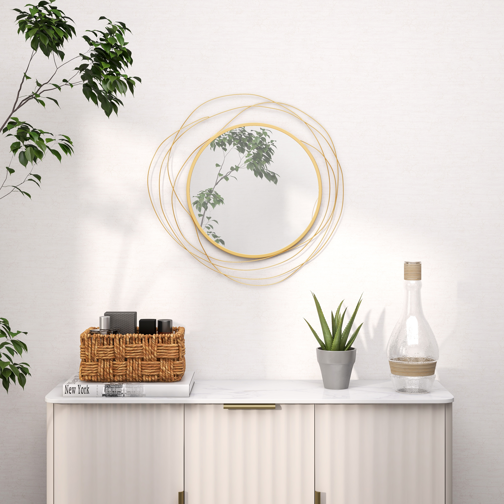 Homcom Specchio Moderno e Rotondo Decorativo a Muro con Ganci, in Vetro e Metallo, Ø65x1 cm, Oro Aosom