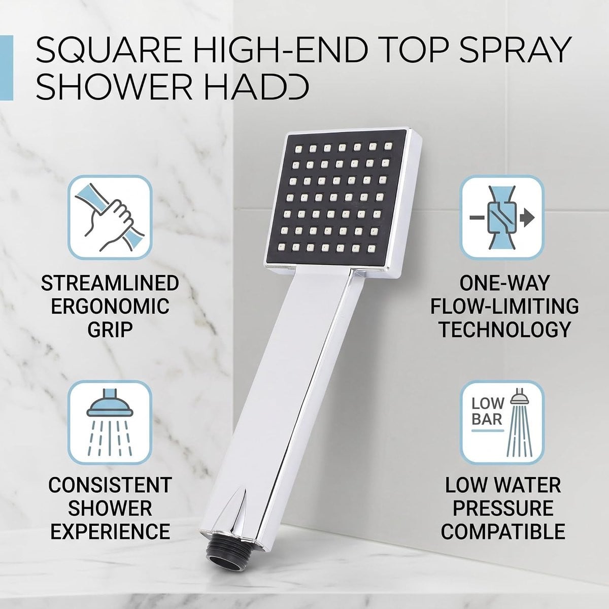 Vierkante handheld douchekop met grote diameter voor hoge druk en waterbesparing