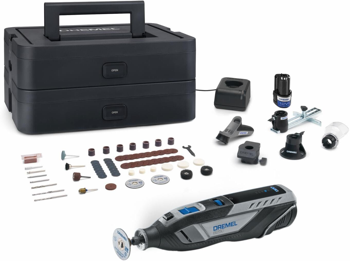 Akku-Multifunktionswerkzeug DREMEL "8250 (65 Zubehöre, 5 Aufsätze)", grau (schwarz), Multifunktionswerkzeug-Maschinen, Akku-Multifunktionswerkzeug schwarz Einheitsgröße