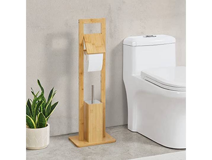 [en.casa] WC Garnitur Västerås Toilettenpapierhalter stehend mit Klobürste Klopapierhalter Bambus Toilettenbürstengarnitur Klopapierständer Badezimmer