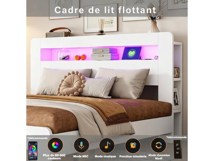 URTR Lit plateforme bois 180x200 cm tête de lit rangement LED prises intégrées moderne blanc