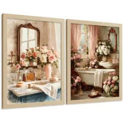 POSTER 2er-Set dekorative Badezimmerdrucke, romantischer Stil, Bilder mit Rosen, Spiegelewanne, elegante, Wohndekoration Leichter Holzrahmen A4