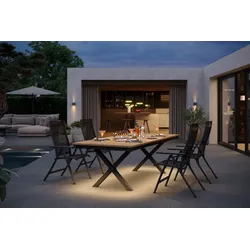 OUTFLEXX Luminara Garten-Essgruppe, anthrazit matt/natur, Alu / Holzimitat / Textilen, 240 x 100 cm, 4 Klappstühle, LED-Beleuchtung