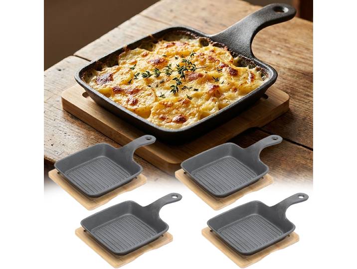 4er-Set Quadratische Servierpfanne aus Gusseisen mit Bambusbrett, Ø 15 cm