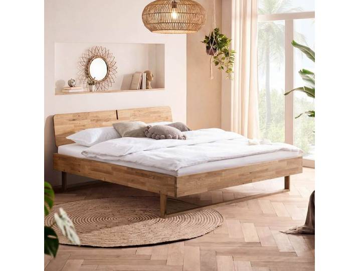 HOMELIV. Bett Tilo Komfort Wildeiche Massivholz 140x200cm modern, Mit Kopfteil