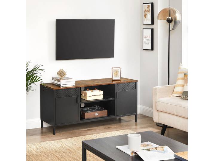 SONGMICS Meuble TV, Support Télé pour Téléviseur Jusqu’à 55 Pouces, Table Télévision avec Portes, 3 Étagères Réglables, pour Salon, Chambre
