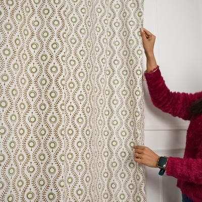Fabdivine Hook Linen Curtain, Block Print Floral Drape, Semi Sheer Window Treatment, Decorative Panel for Living Room