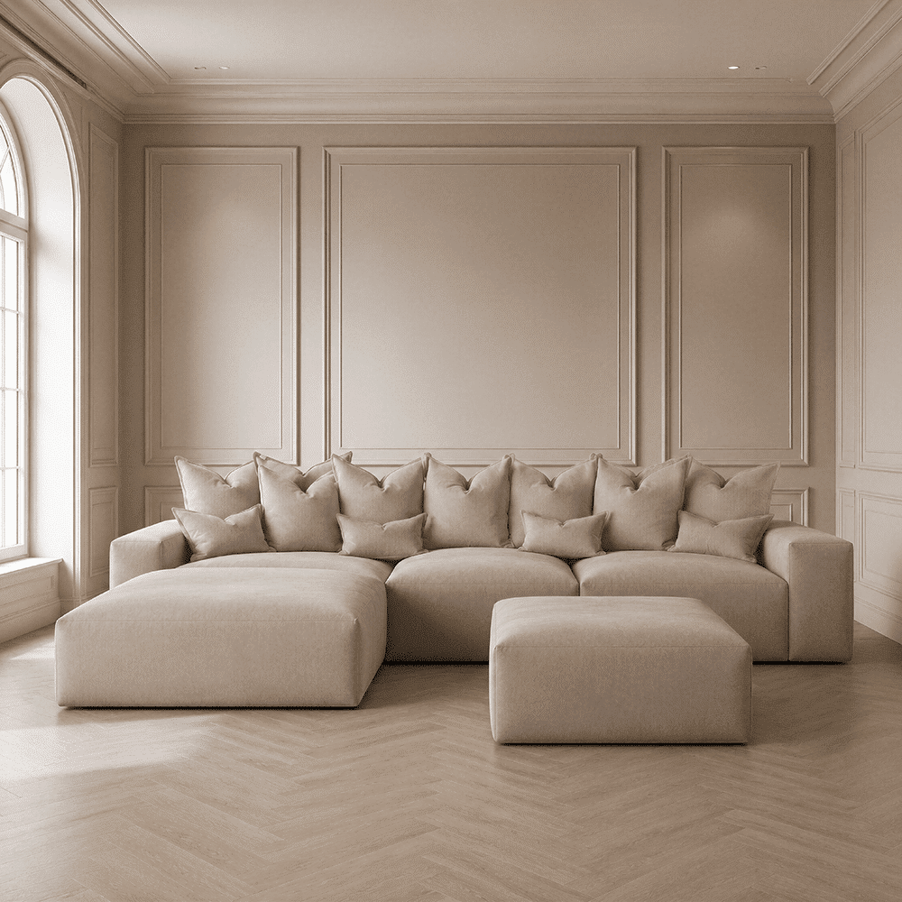 Lenox Mink Velvet Pillow Back Modular Sofa Range, Left Hand Facing Chaise End Sofa