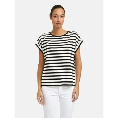 T-Shirt SMITH & SOUL, Damen, Gr. XL, schwarz-weiß (schwarz), Single Jersey, Obermaterial: 46% Baumwolle, 46% Lyocell, 8% Elasthan, gestreift, normal, Rundhals, Umschlagsaum, Shirts T-Shirt, im gestreiften Design, Rundhalsform