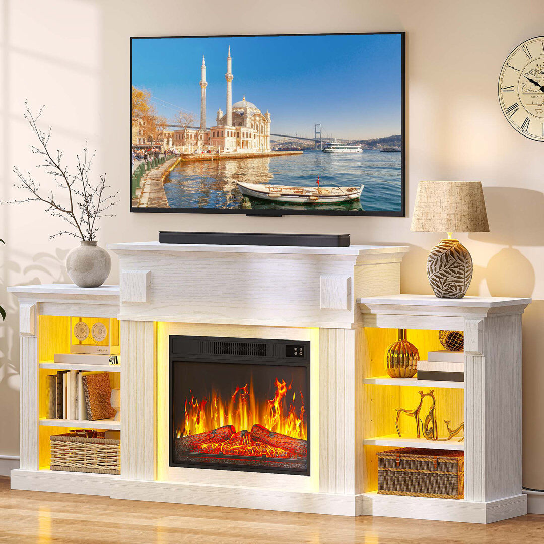 Metro Lane 182cm W White TV stand cabinet with 6800 BTU electric fire White 80.5cm H X 182cm W X 30cm D