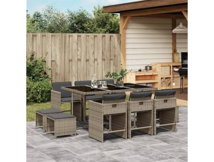 KTHLBRH Gartenmöbel-Set, 11-teilig, mit Kissen, grau Strapazierfähiges Polyrattan, Klappstühle, Glastisch, waschbar, für Terrasse