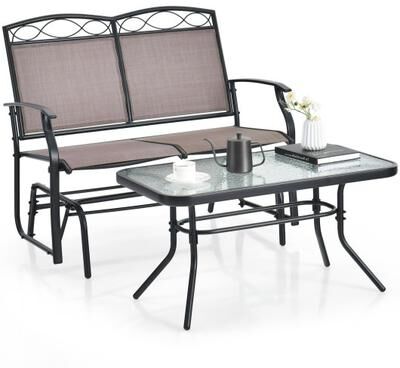 Costway Outdoor Gliding Loveseat Chair with Tempered Glass Coffee Table-2 Pieces