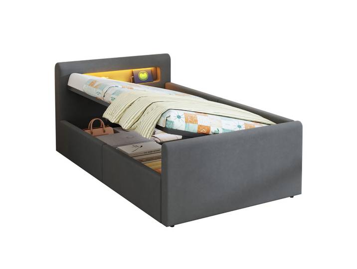 Komhtom Kinderbett 90x200 cm mit LED-Licht, Nachtlicht und USB-Ladeanschluss, Samtstoff, dunkelgrau, Grau, Holz, Mode, 90x200 cm, Babymöbel & Kindermöbel, Kinderzimmer & Jugendzimmer, Kinderbetten