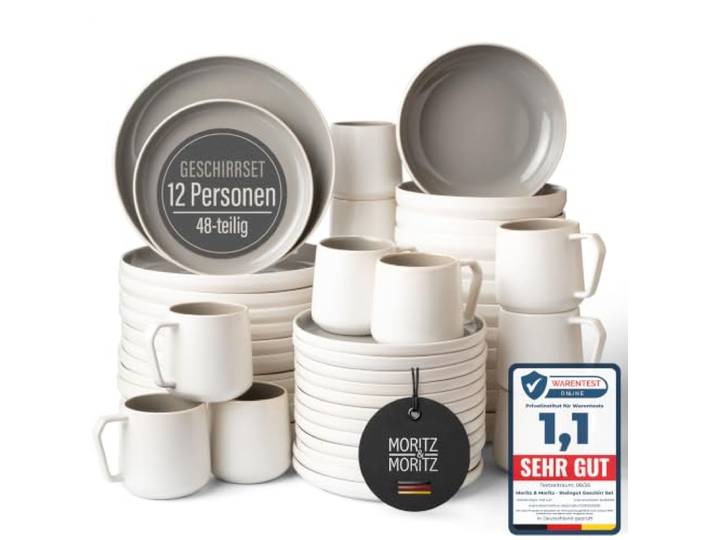 Moritz & Moritz Steingut Geschirrset 12 Personen mit Tassen 48-tlg. - Modernes Tafelservice in der Farbe Almond - Kombiservice mit Teller Set, Schüsseln & Tassen - Kaffeeservice - Serie Cavo