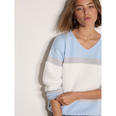 Strickpullover APRICOT "Flauschiger Pullover", Damen, Gr. 12, blau (sky), Modisch, normal, V-Ausschnitt, weit, Pullover Strickpullover, mit Streifen