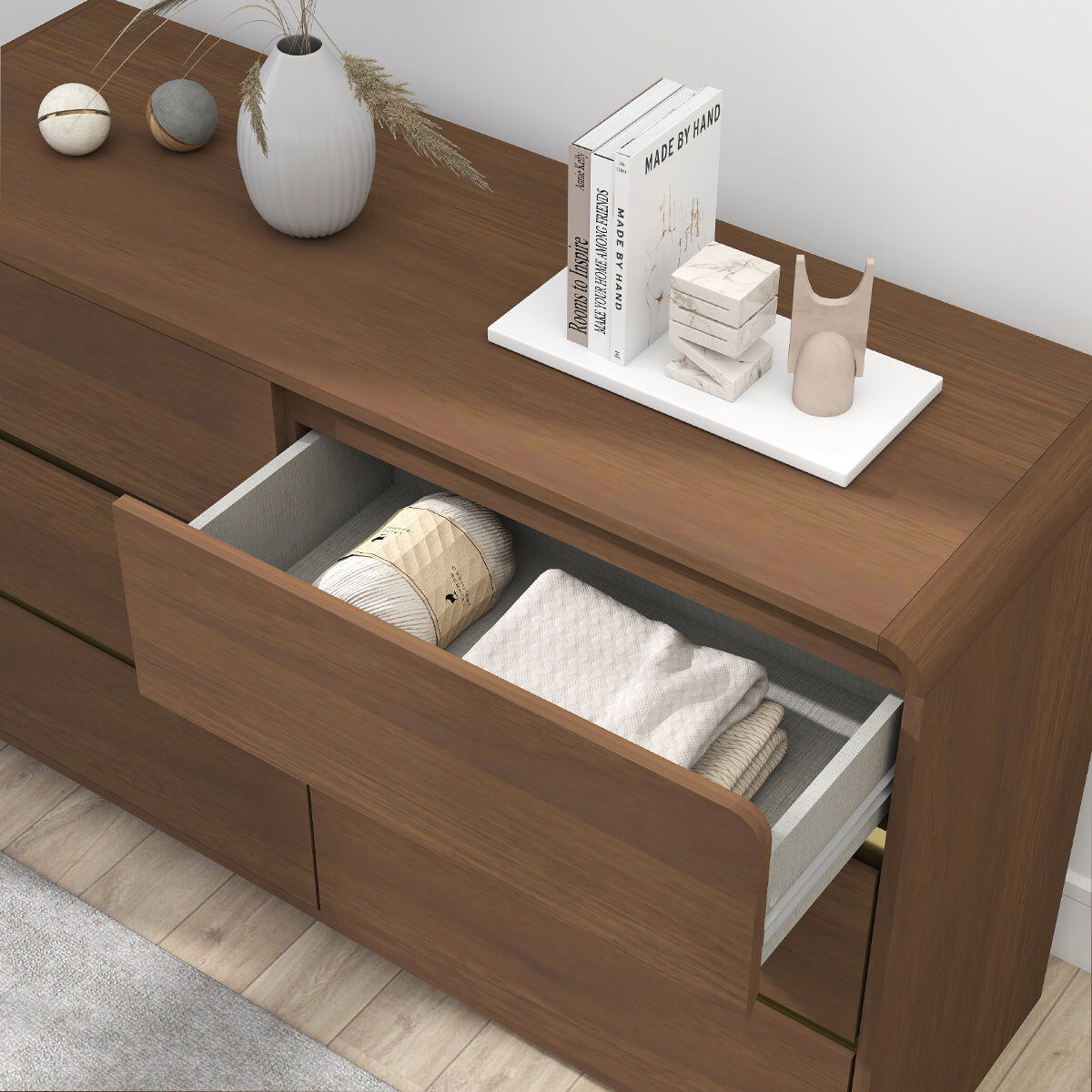 Walnut Brown 6 Drawer Chest of Drawer - Meridian Walnut Range Wood, Metal