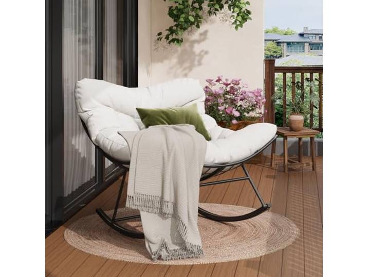 GarveeHome Oversized Schaukelstuhl mit Metallrahmen und Dickem Kissen Stahlrahmen, Komfortkissen, Garten, Terrasse, Pool, Outdoor