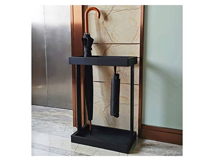 WOTZOV Schirmständer für Büro und Eingangsbereich, Metall, Schirmständer für den Innenbereich mit Abnehmbarer Wasserschale und 4 Haken,Black