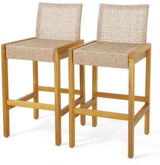 Costway Set of 2 Rattan Patio Wood Barstools Dining Chairs with Backrest-Set of 2