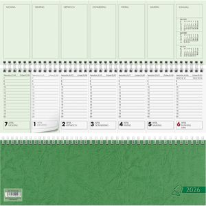 Glocken Tischkalender 5072521506, grün, Wochenkalender quer, 1 Woche = 2 Seiten, 33 x 12 cm, Jahr 2026