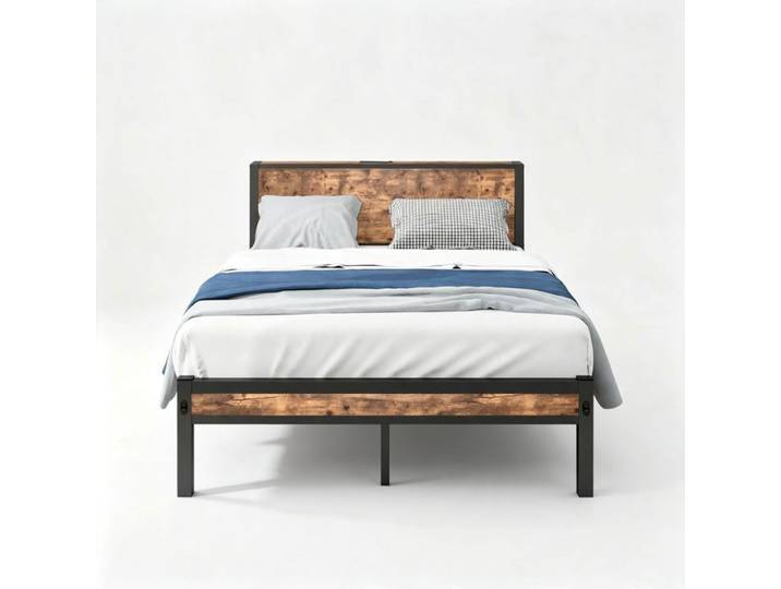 URTR Lit plateforme métal 120x200 cm tête de lit avec rangement cadre métallique silencieux sans sommier brun vintage