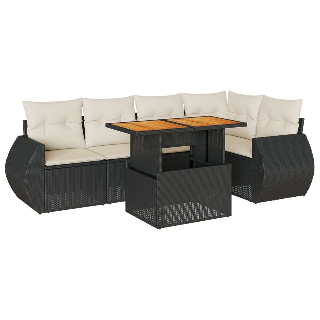 Gartenmöbel-Set, 6-teilig, Poly Rattan Schwarz, modular, verstellbarer Esstisch, Stauraum, wasserfester Beutel, cremeweiße Kissen